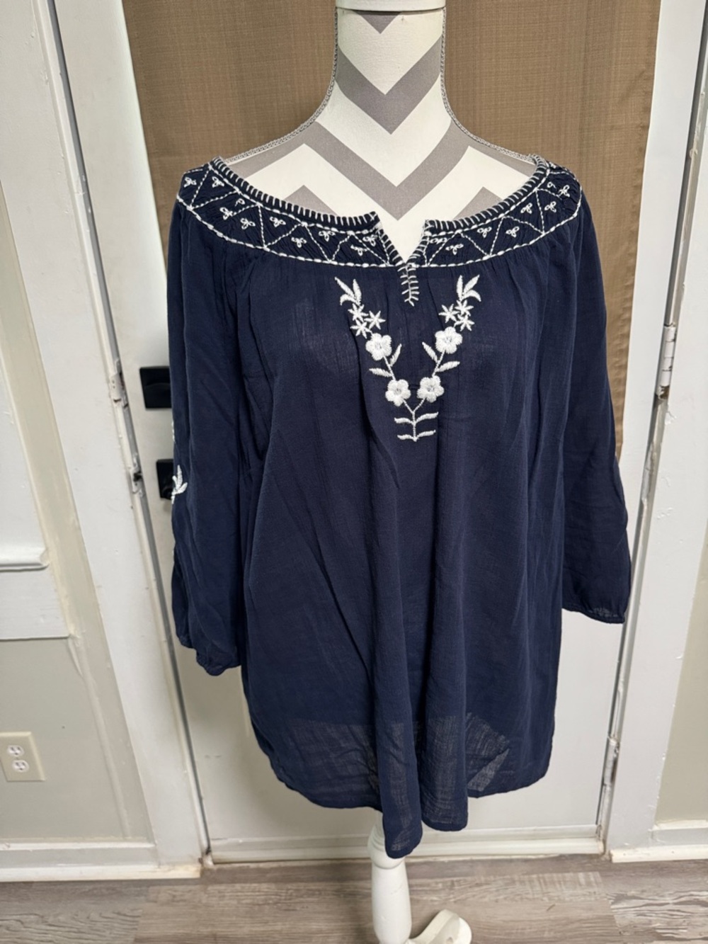 Talbots Navy Embroidered Peasant Blouse - Women’s Top Size XL